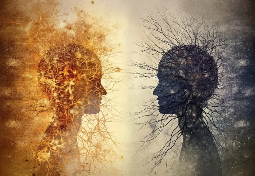 a double exposure of a woman's head and a man's head with