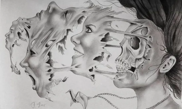 a drawing of a woman's face with a skeleton on it