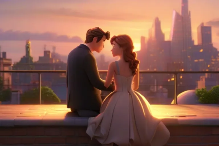 a man and a woman sitting on a ledge looking at each other romantically