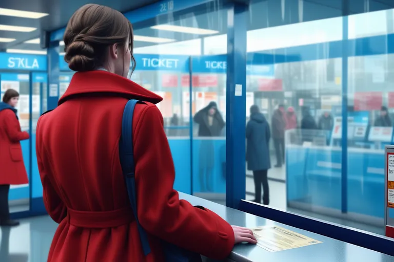 a woman in a red coat looking at a ticket counter