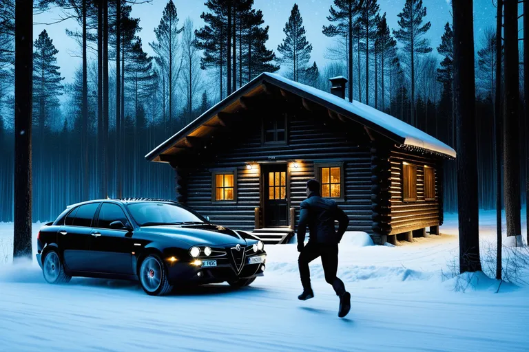 a man walking next to a car in front of a cabin