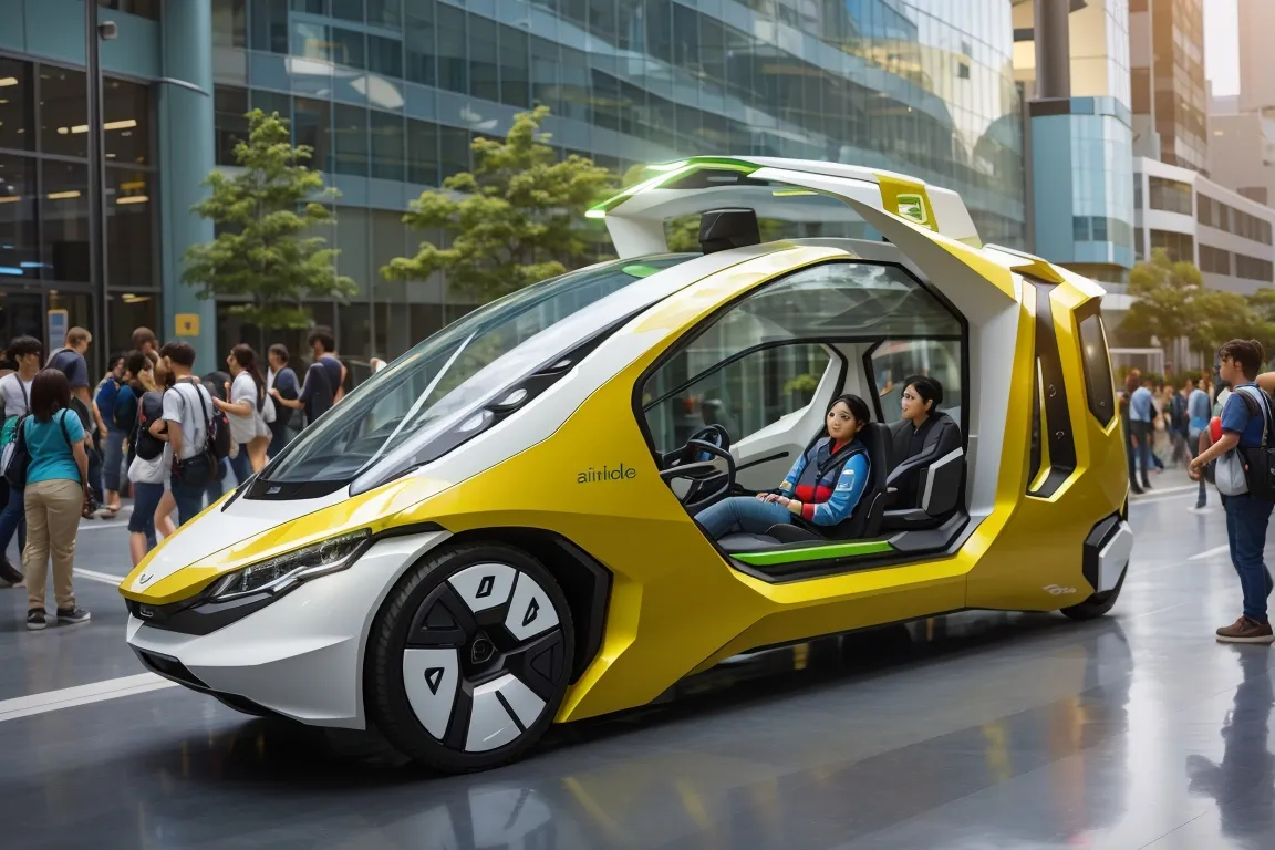 a group of people standing around a yellow car