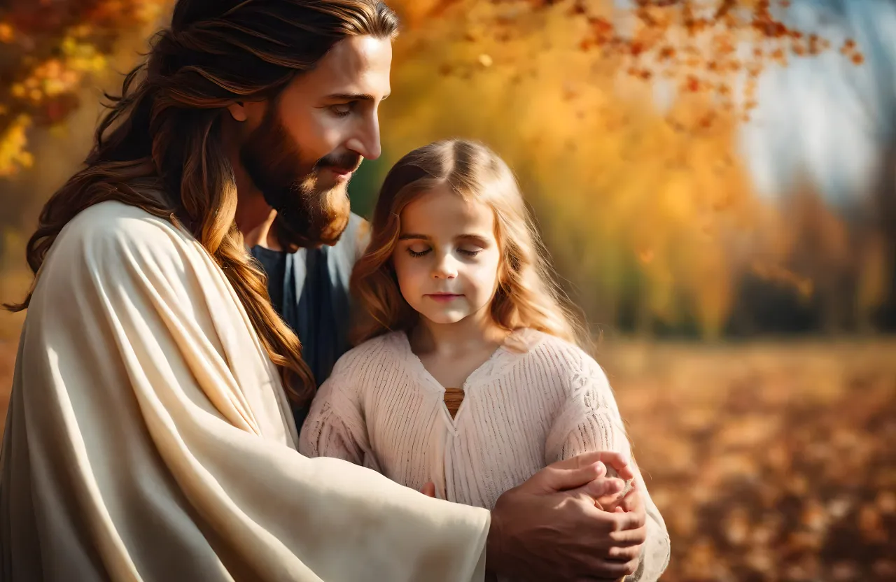 a painting of jesus holding a little girl