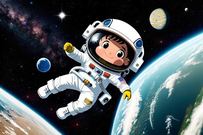 a boy in an astronaut suit floating in space