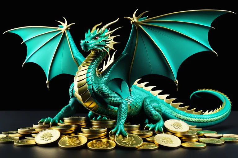 Middle ground, ground view, cinematic turquoise-greenish dragon with spread wings, according to the Eastern calendar, against a Christmas tree in round toys and beads, emerging from a pile of gold glittering coins on a black background, neural network and Christmas tree toys in the background, detailed scales, majestic, breathtaking, striking, micro-detailing, professional photo for a magazine, cinematic