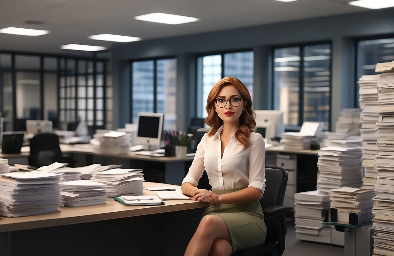 a woman sitting at a desk in an office