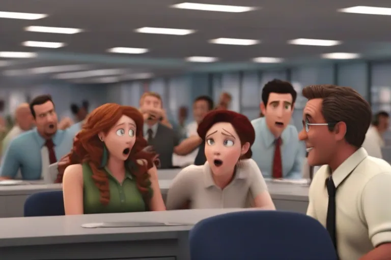 a group of people in an office with a surprised look on their faces