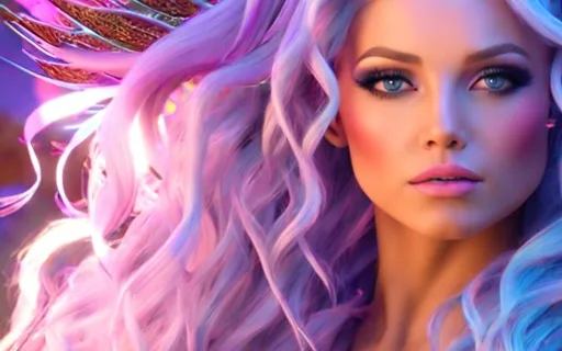 “Highly detailed and hyper realistic Britney Spears as a intricate and detailed stunning fantasy creature covered in roots and connected to tree’s in a beautiful magical forest with pastel neon coloring and lighting, impressive pastel purple straight hair blowing in the wind, ultra detailed face with gorgeous make-up and symmetrical intricate brown realistic eyes, atmospheric soft blue lighting, 8k octane render, as real as possible, beauty shot, masterpiece, musicvideo, landscape, magical, epic, highly cinematic, UHD,”