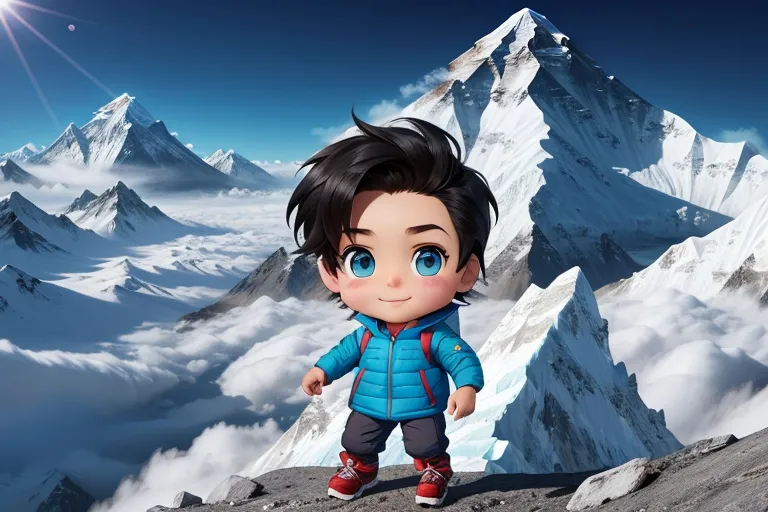 a little boy standing on top of a mountain