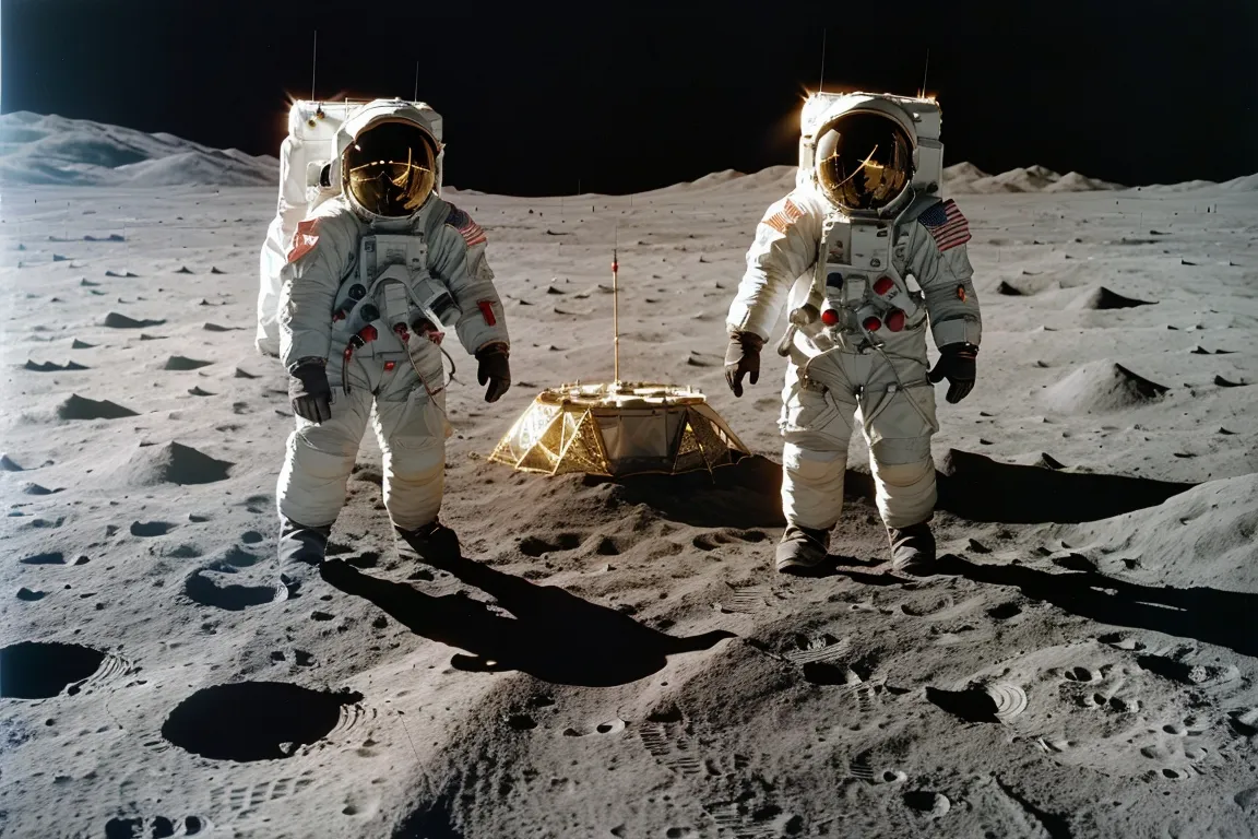 two astronauts standing on the surface of the moon