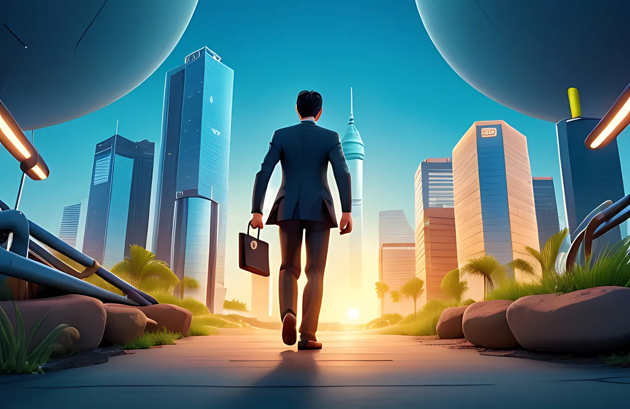 a man in a suit is walking towards a city