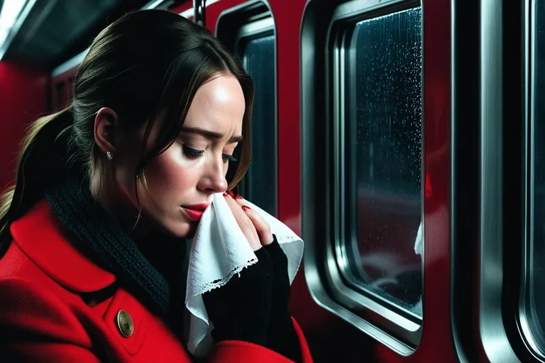 a woman in a red coat is looking out a train window