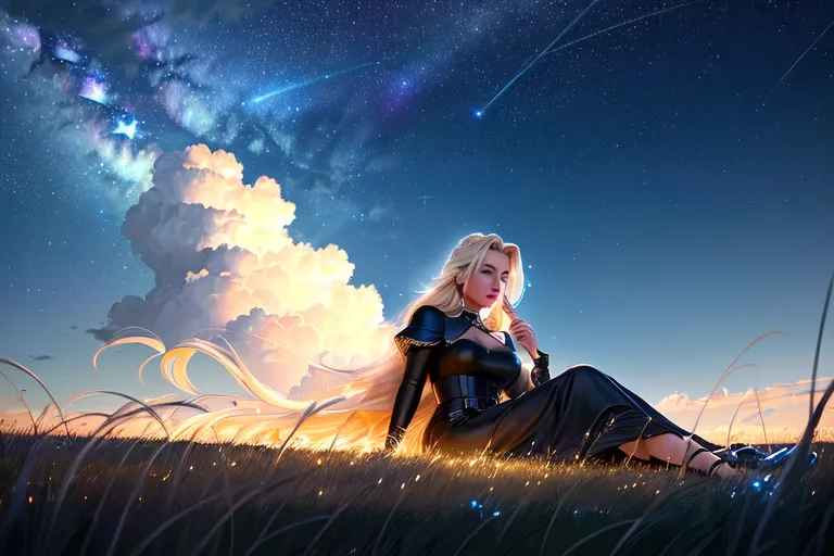 Highly detailed and realistic stunning Britney Spears sitting in the grass under a beautiful night sky with some falling stars and beautiful colors, 