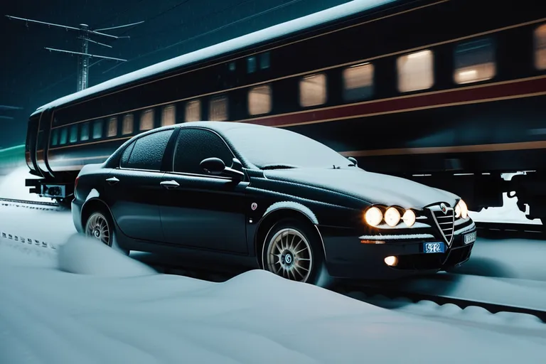 a black car driving down a snow covered road