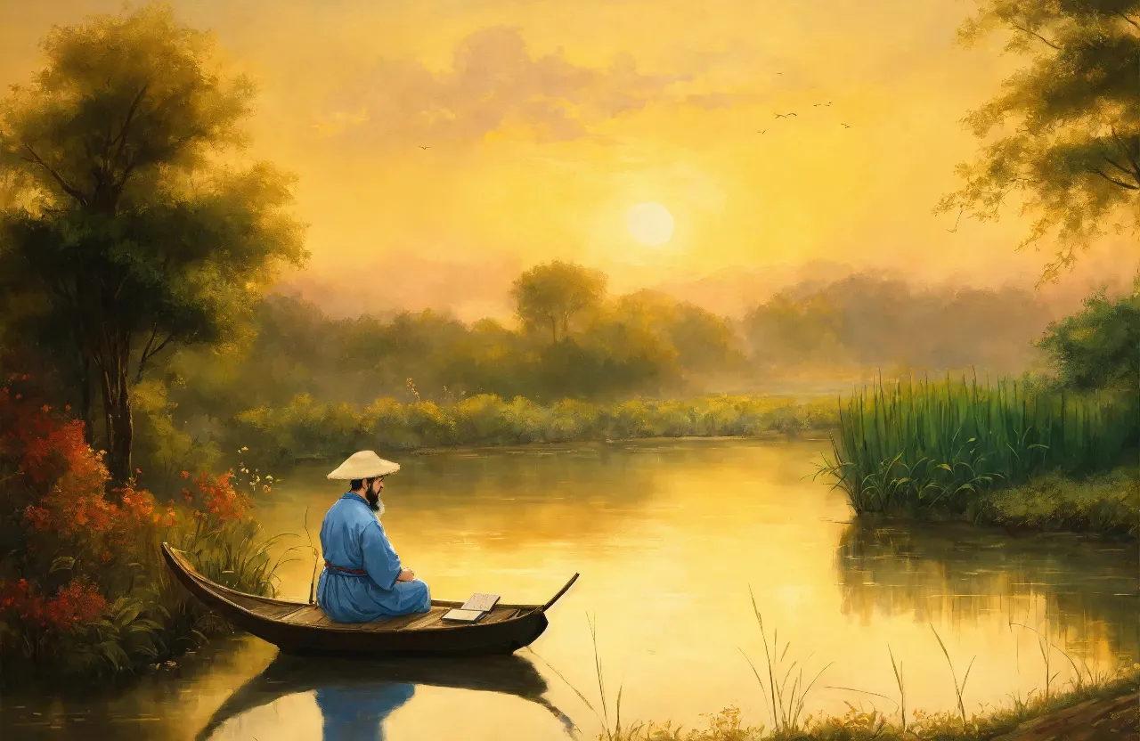 a painting of a woman sitting in a boat on a river