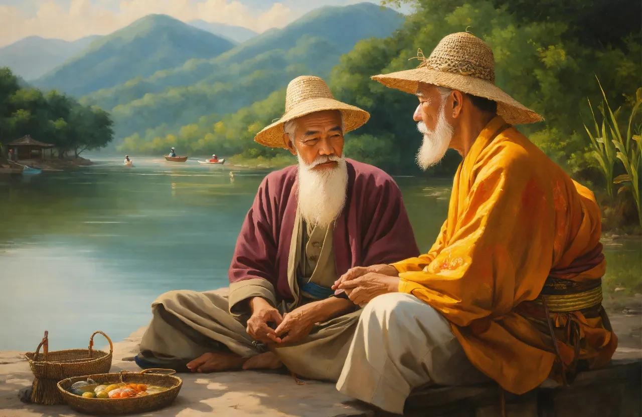 a painting of two men sitting next to each other