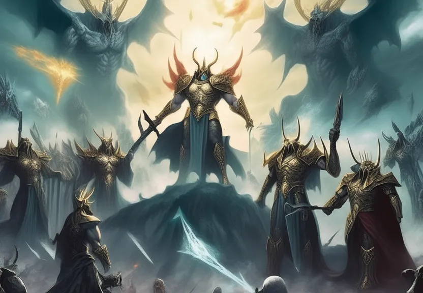 a group of people standing in front of a giant demon