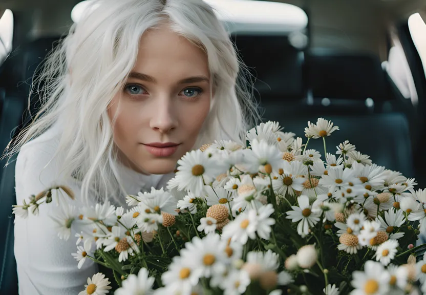 a woman sitting in a car holding a bouquet of daisies