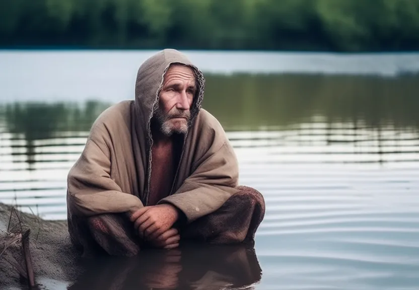 a man sitting on a rock in the water