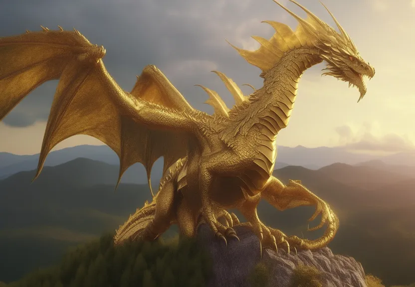 a golden dragon sitting on top of a rock