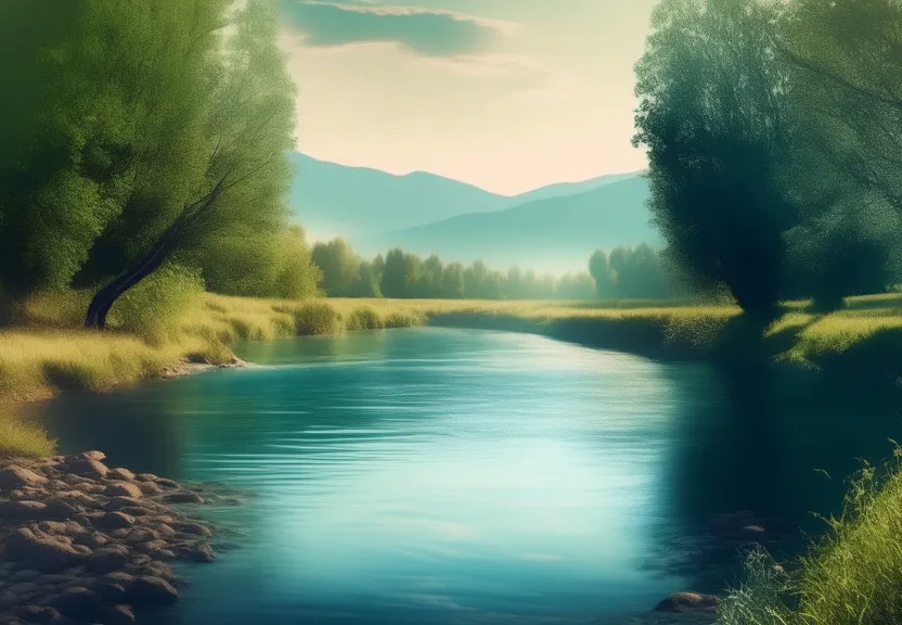 a painting of a river running through a lush green forest