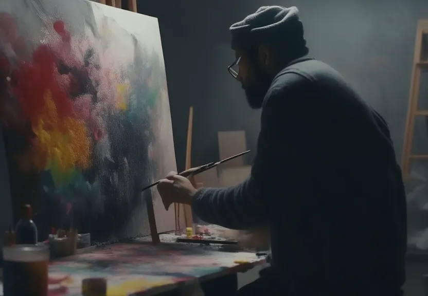 a man is painting on a canvas in a dark room