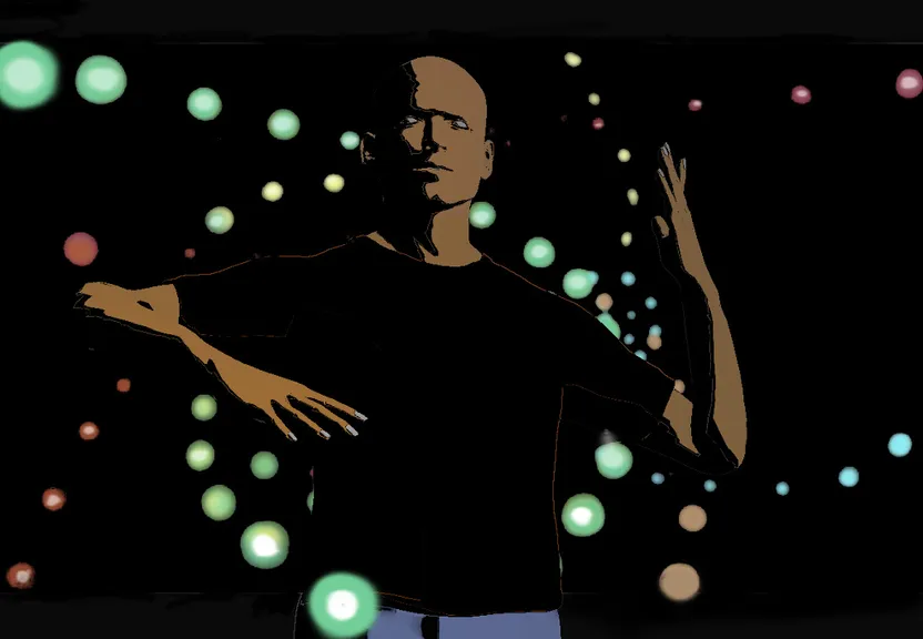 a tai chi master standing in front of a black background with swirling brilliantly orbs of chi enegy moving arpound him