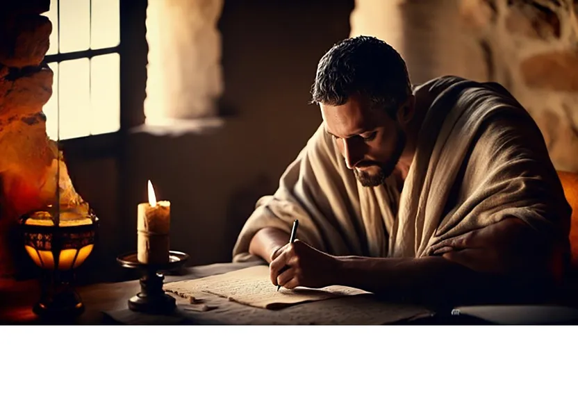 a man sitting at a table writing on a piece of paper