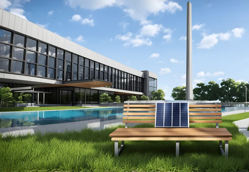 a bench with a solar panel on it in front of a building