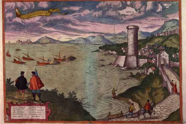 a painting of people standing on a hill overlooking a body of water