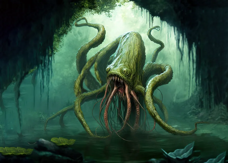 an swampy monster with tentaсles is in the middle of a swamp.  natural environment, organism, terrestrial plant, cephalopod, angry swampy monster, painting, art, underwater, natural landscape