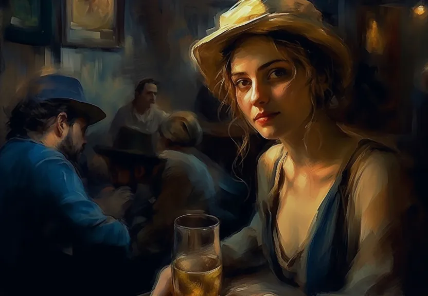 a painting of a woman sitting at a table with a glass of beer