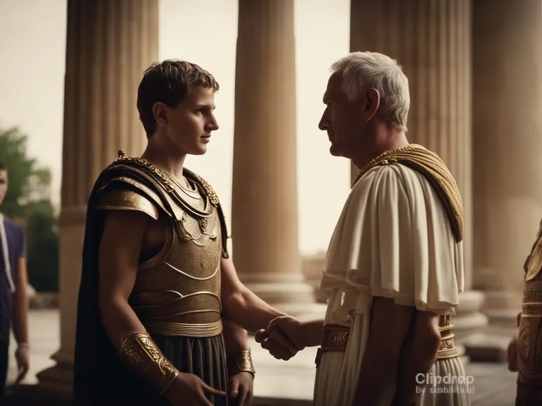 a man in a roman costume shaking hands with another man