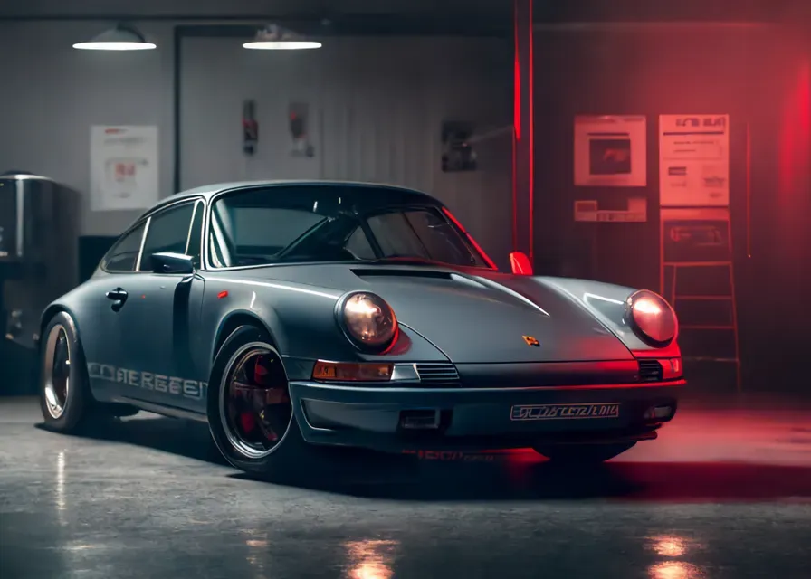 a grey porsche parked in a garage. tire, wheel, vehicle, land vehicle, car, automotive parking light, hood, automotive lighting, automotive tire, motor vehicle