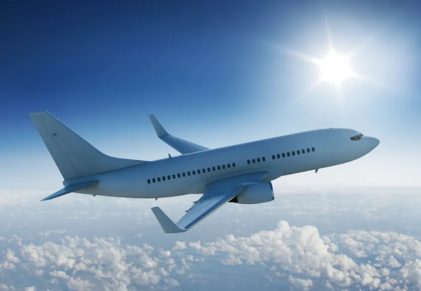 a large jetliner flying through a blue cloudy sky