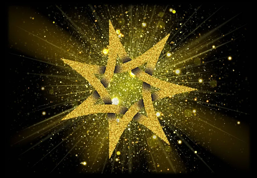 a yellow and black background with a star in the center