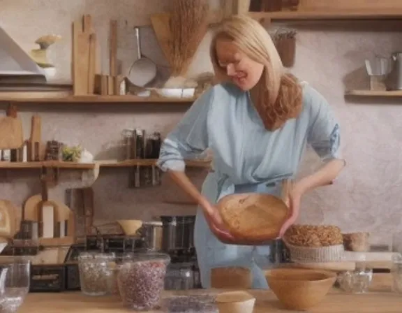 a woman in a kitchen holding a wooden bowl