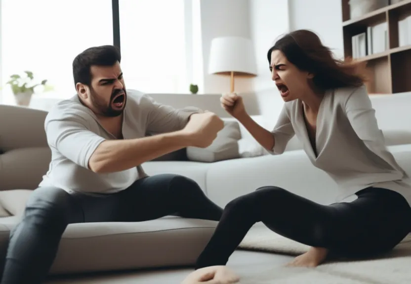 a man and woman fighting in a living room