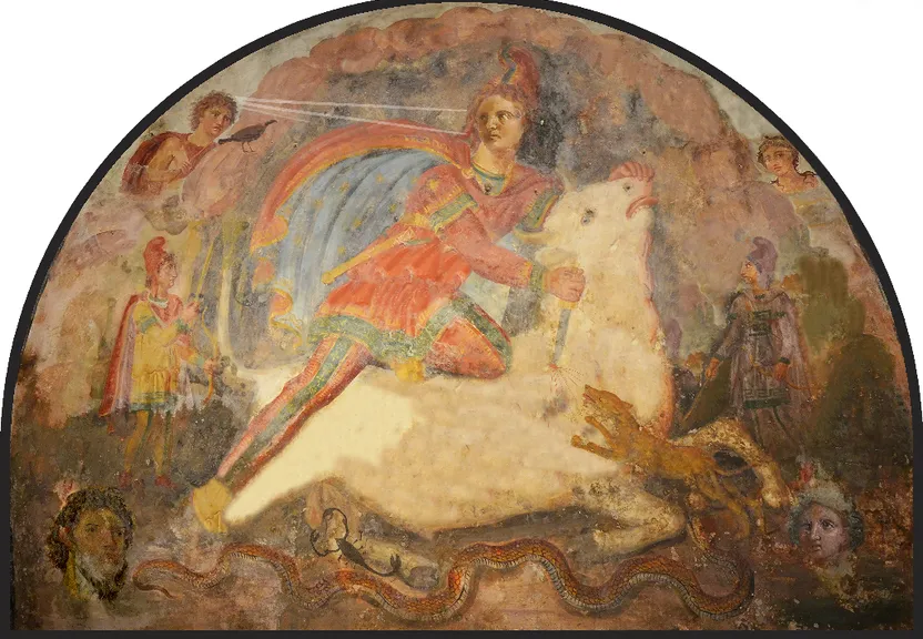 a painting of a man riding a white horse