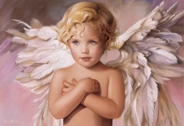 a painting of a child with angel wings. cheek, eyebrow, eye, mythical creature, eyelash, organ, human body, iris, gesture, happy