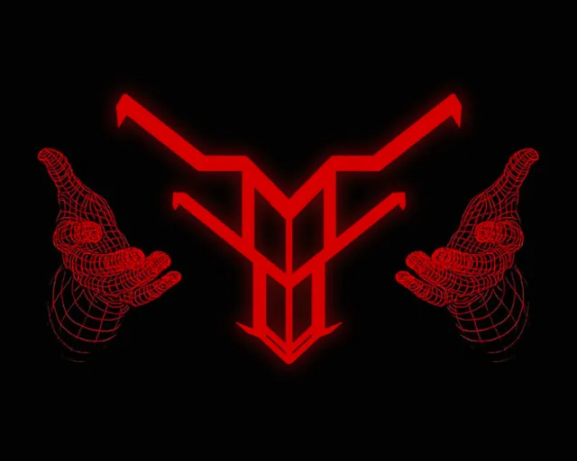 two hands holding a red neon sign on a black background