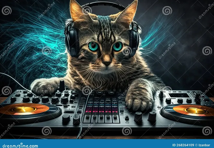 a cat with headphones on playing music