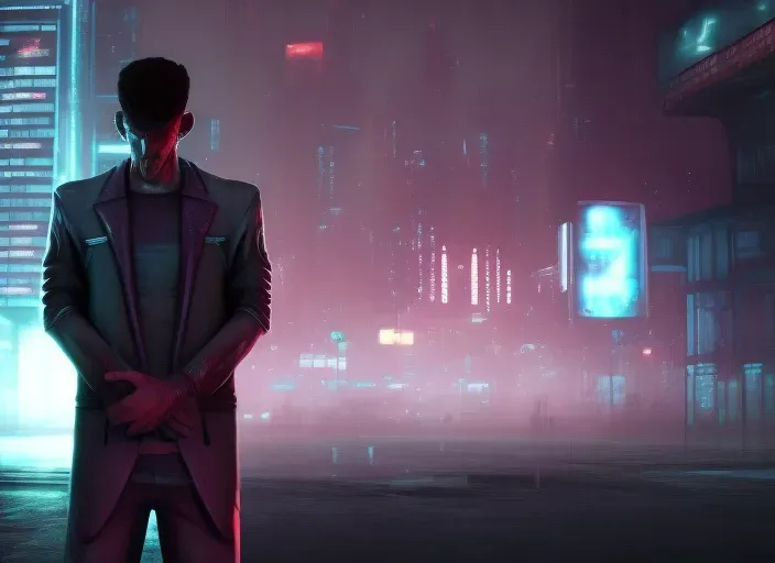 a man in a suit standing in a city at night