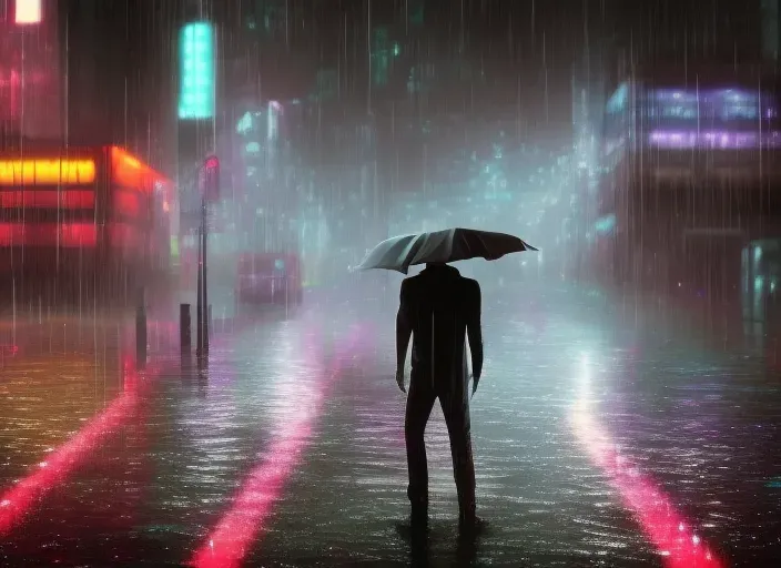 a man standing in the rain holding an umbrella