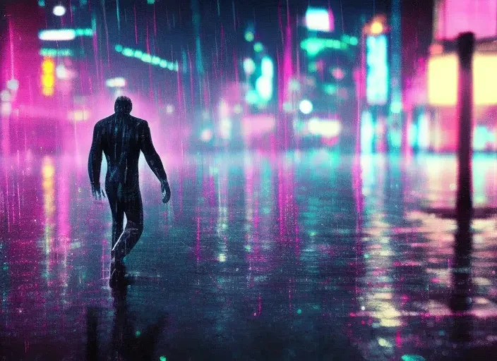 a man walking in the rain at night