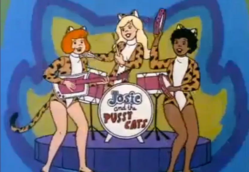 a cartoon picture of three women on a stage