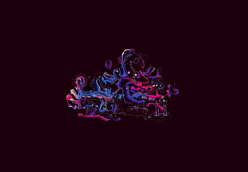a black background with a purple and blue design