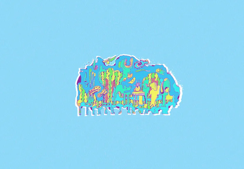 a sticker with a picture of a city on it