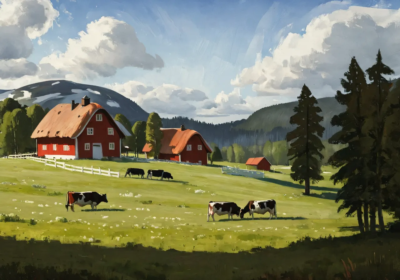 a painting of cows grazing in a field