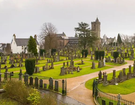 a cemetery with many headstones and trees, adding a sense of mystery and suspense with a dark image overlay. add a sense of mystery and suspense with a dark image overlay